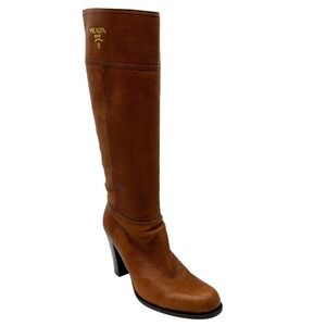 PRADA LIGHT BROWN / GOLD LOGO PLAQUE DISTRESSED LEATHER HIGH BOOTS